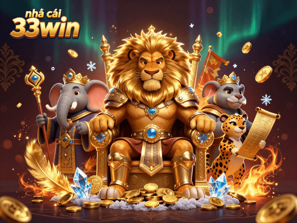 Bet on exciting outcomes with nhà cái 33win, featuring a lion king on a throne of gold coins.
