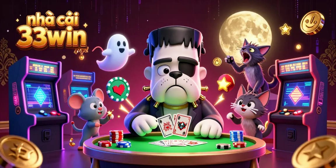 nhà cái 33win showcases a cartoon bulldog dealing cards, embodying thrilling casino action.
