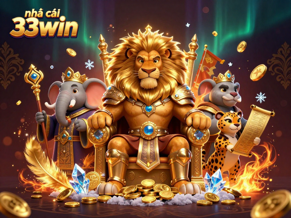Bet on exciting outcomes with nhà cái 33win, featuring a lion king on a throne of gold coins.