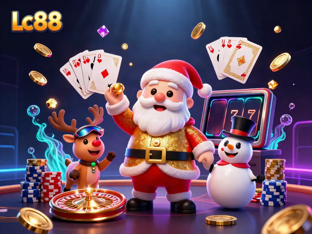 Engage with Lc88's thrilling jackpot action featuring Santa, his reindeer dealer, and a poker chip snowman!
