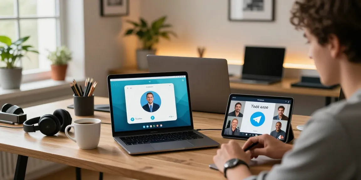Engaging workspace showcasing Telegram download on multiple devices in a modern home office.