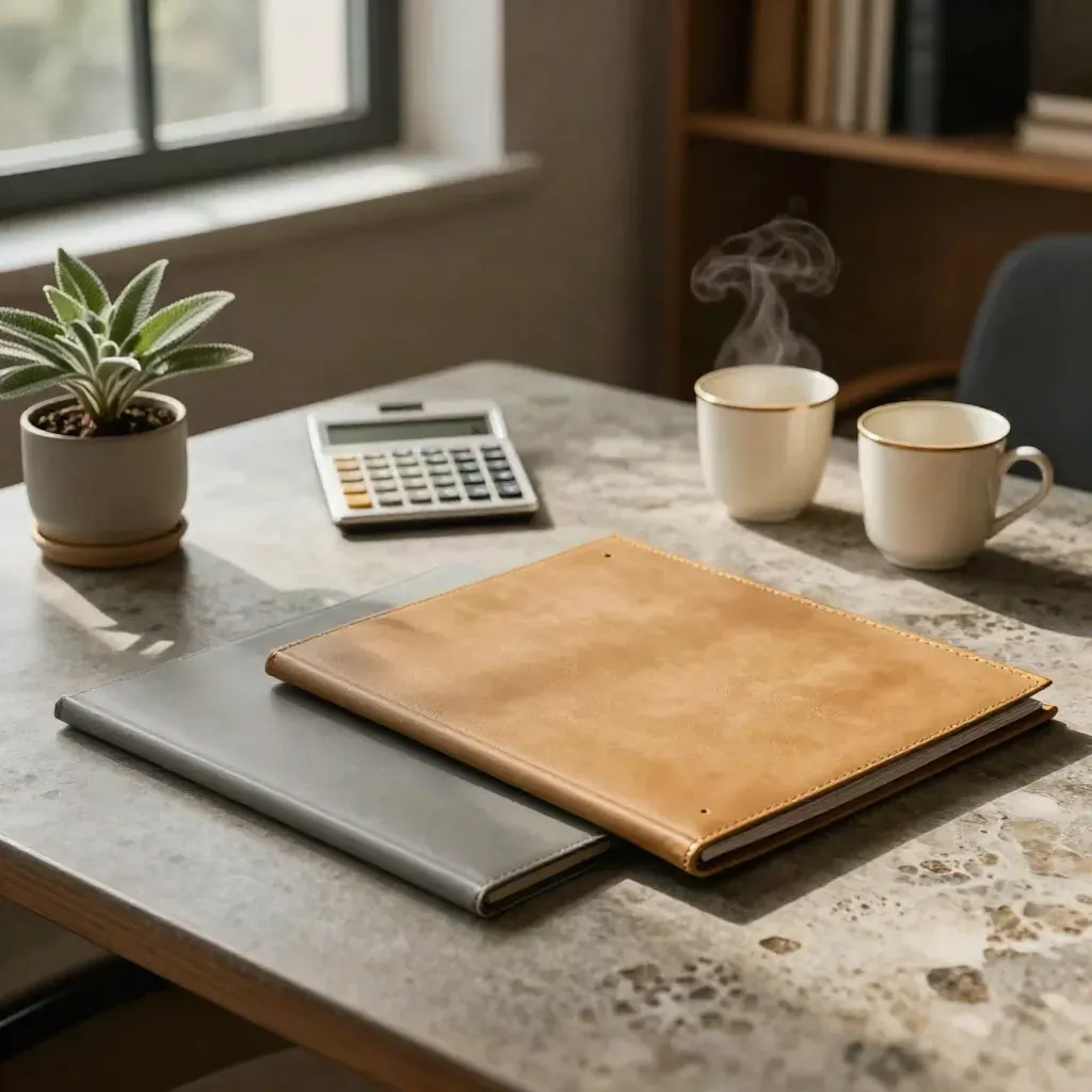 Två pärmar, miniräknare, växt och kaffekoppar på stenbord i ett lugnt kontor.