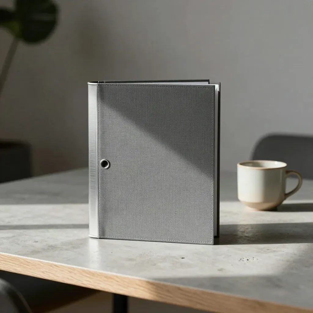 Malmöcoworking med grå binder, keramikmugg och växtskugga i mjukt dagsljus.