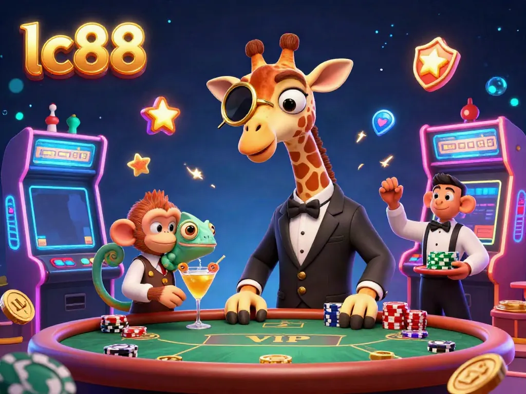 Engage in thrilling gaming at LC88 with a high-roller giraffe and monkey valet in an exciting virtual casino.