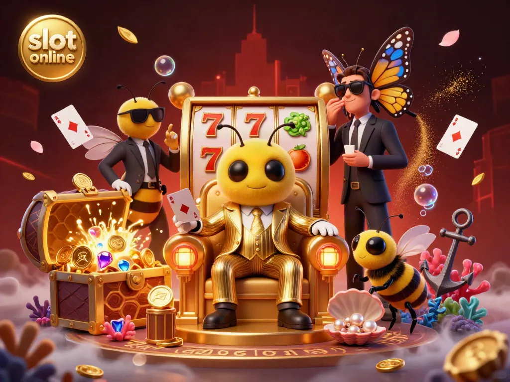 Experience engaging slot online action with a vibrant 3D scene of a bumblebee mob boss and colorful game elements.