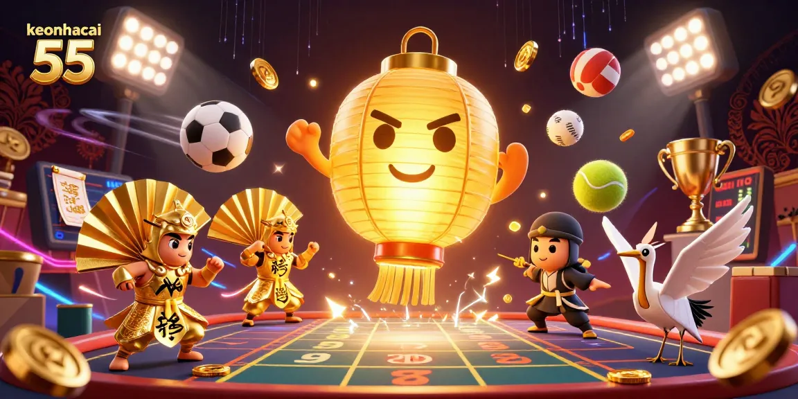 Engage with keonhacai 55 through an energetic visual of animated sports betting elements, showcasing lively interactions.